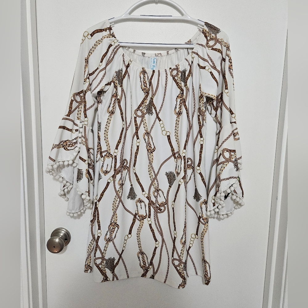 NWT Patti Briggs Michelle Dress White Chain Print Boho Pom Bell Sleeve Size XS